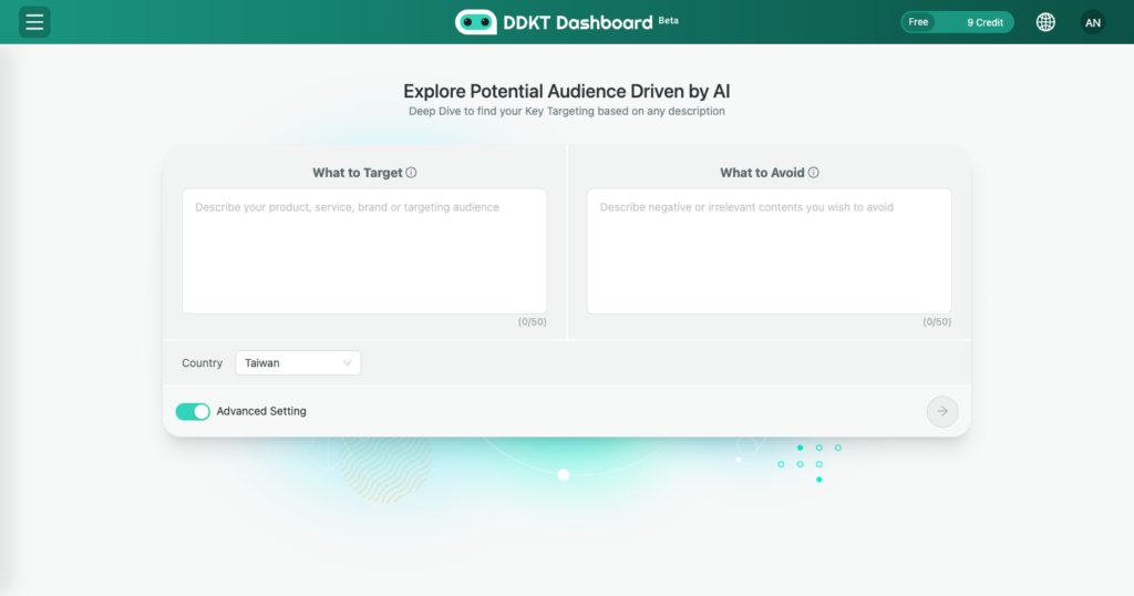 2. How to Use Advanced Settings in DDKT Explore 1 DDKT Explore page with Advanced Settings toggled on, showing the Exclude Keywords input field and Country Settings dropdown below the main target audience input