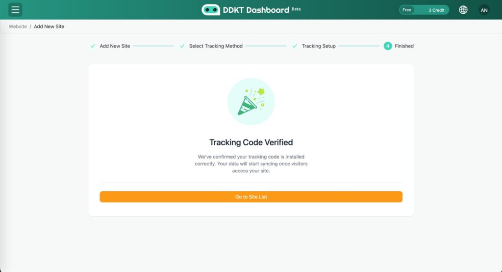 1. 如何在 DDKT 設定網站追蹤碼 5 建立後會立即執行一次分析並耗費一枚Credit,點擊前往「網站分析列表(Go to Site List)」並選擇分析來檢視